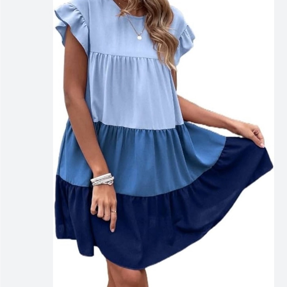 🆕 Mini Tiered Romper Dress/Women w Short ruffled sleeve Shades of Blue SZ:M EUC
